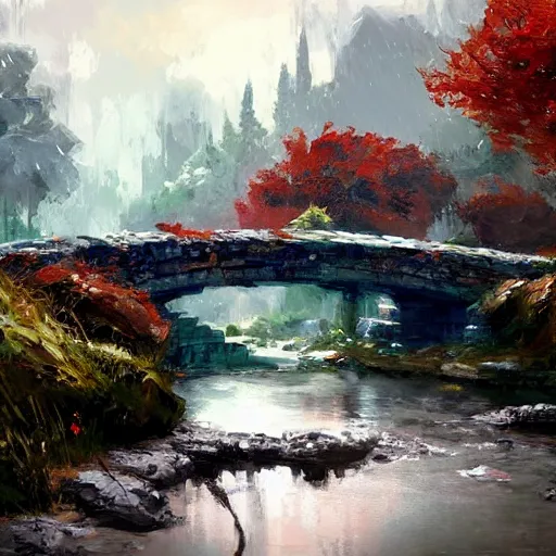 Image similar to acrylic painting, impressionism and expressionism, bold colors, expressive brushstrokes. a stone bridge over a river in riverwood, skyrim. raining. overcast. fantasy art by wadim kashin, cgsociety, nature art