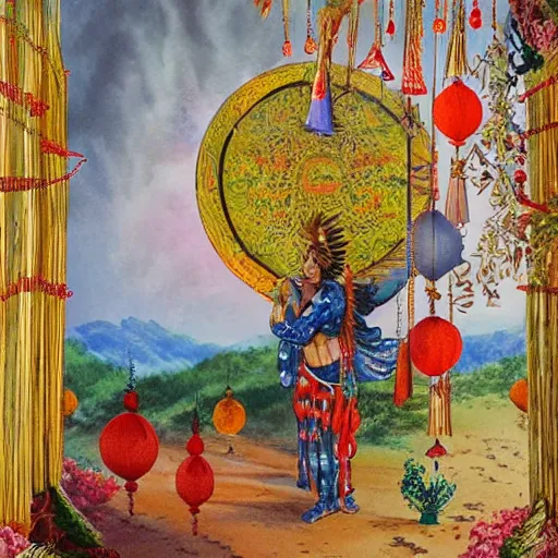 Prompt: painting of a god of wind enjoying his heavenly palace, decorated with windchimes and paper lanterns, stunning nature in background