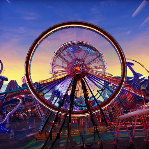 Prompt: unreal engine render, a giant roller coaster and a ferris wheel in the background, a giant guitar, cinematic, sunset, fantasy, 8 k, trending on artstation