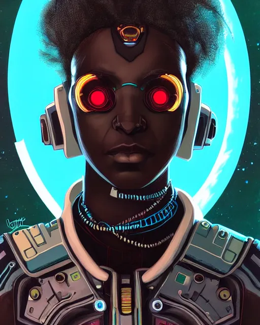 Prompt: sojourn from overwatch, african canadian, gray dread locks, teal silver red, teal cyber eyes, character portrait, portrait, close up, concept art, intricate details, highly detailed, vintage sci - fi poster, retro future, vintage sci - fi art, in the style of chris foss, rodger dean, moebius, michael whelan, and gustave dore