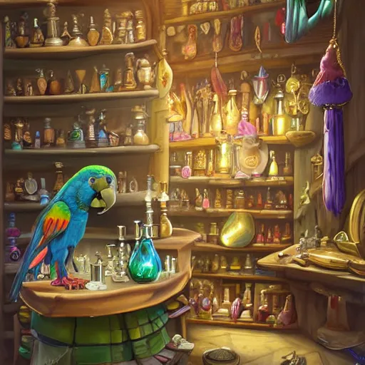 Image similar to Anthropomorphized parrot trader in his shop, shelves full, selling a gem, portrait, items, magic potions, weapons, arcana, carpet, window, fancy funny hat, sly expression , cunning expression, cute expression, presenting magic gem, D&D, fantasy, cinematic lighting, highly detailed, digital painting, artstation, concept art, smooth, sharp focus, illustration, warm light, cozy warm tint, magic the gathering artwork, volumetric lighting, 8k, no gold, no gold colours, art by Akihiko Yoshida, Greg Rutkowski