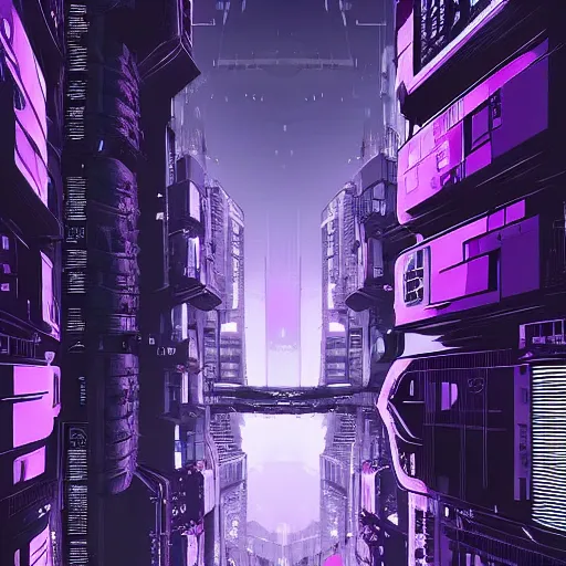 Image similar to Futuristic Concrete Dense Tokyo in style of Tsutomu Nihei in purple and black tones. ArtStation, Cyberpunk, vertical symmetry, 8K, Highly Detailed, Intricate, Album Art.