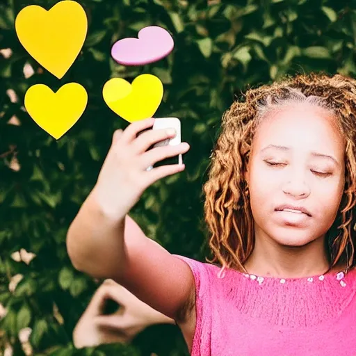 Image similar to “portrait of a young girl taking a selfie with heart emojis floating around”