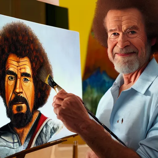 Image similar to a closeup photorealistic photograph of bob ross with a paintbrush and diligently finishing a canvas painting of iron man. mountains and trees. film still. brightly lit scene. this 4 k hd image is trending on artstation, featured on behance, well - rendered, extra crisp, features intricate detail, epic composition and the style of unreal engine.