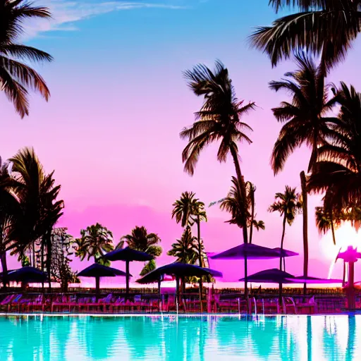 Image similar to motel, swimmingpool, sunset, palms, beach, sunset, vaporwave, pink, blue, green, purple, aesthetic.