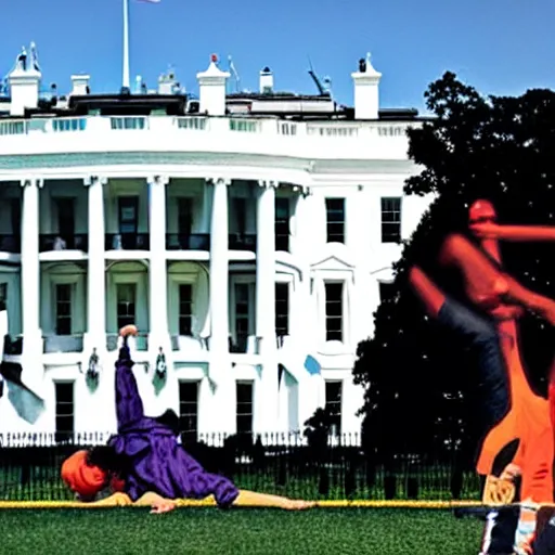 Prompt: b - boys and b - girls break dancing on the white house front lawn as the building is in flames