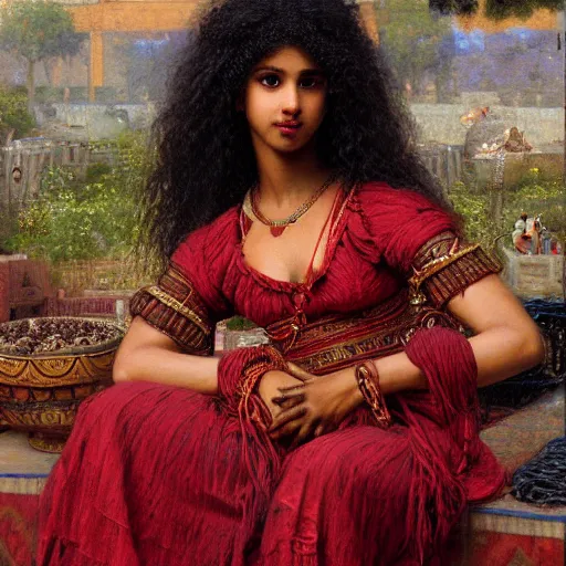 Prompt: orientalist portrait of a dark-skinned woman with curly hair wearing a red dress selling tapestries in a busy marketplace intricate artwork by Fabio Fabbi and john william waterhouse and Edwin Longsden Long and Nasreddine Dinet and Theodore Ralli trending on artstation, very coherent symmetrical artwork high detail 8k