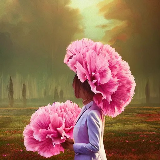 Image similar to giant carnation flower head, girl in suit, surreal photography, sunrise, dramatic light, impressionist painting, digital painting, artstation, simon stalenhag