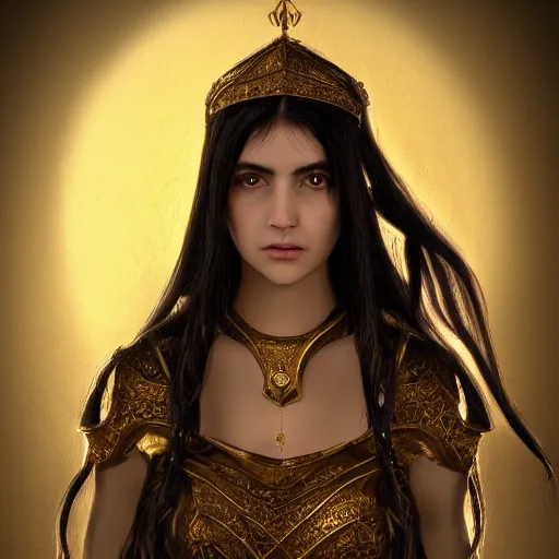 Image similar to beautiful female cleric with long black hair and a golden eye, focus on face, jewellery, fantasy, medieval, still, photograph, highly detailed, cinematic, romani descent, dramatic, dynamic lighting, award winning, masterpiece, trending on artstation