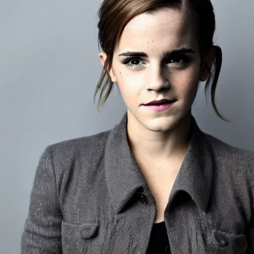 Image similar to A photo of tough looking emma watson. she has rings on his fingers. 50 mm.