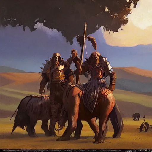 Image similar to slavic orcs in the steppe, magic the gathering artwork, orcs lord of the rings, orthodox, art by nicholas roerich and greg rutkowski