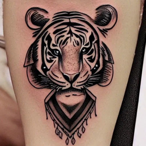 Image similar to a realistic tattoo design that has a beautiful warrior woman on the bottom and a tiger head on the top, highly detailed