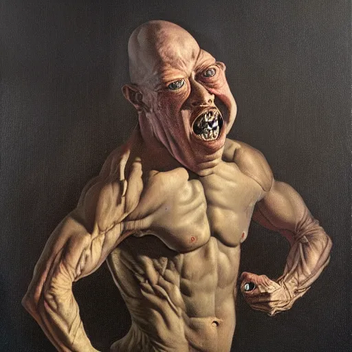 Image similar to oil painting by christian rex van minnen of a portrait of an extremely bizarre disturbing mutated man with proteus syndrome shiny bulbous intense chiaroscuro lighting perfect composition