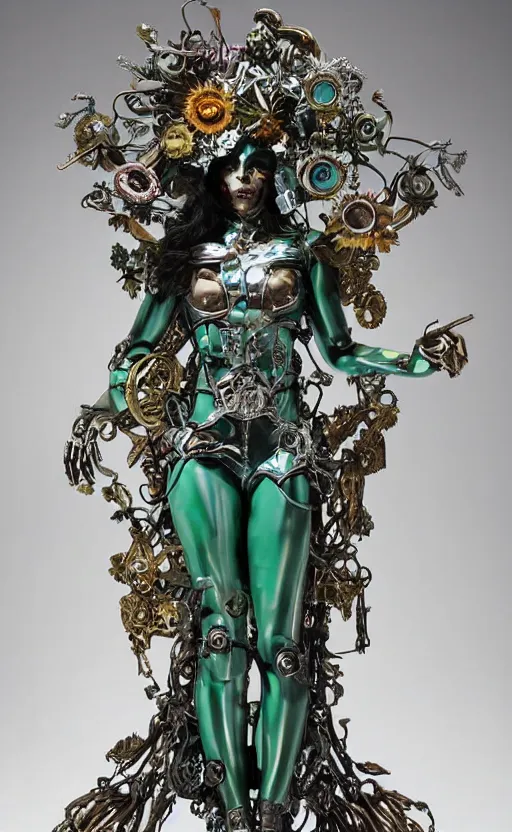 Prompt: a young beautiful latina metal and ceramic android with a large glowing green crystal in the center of her chest, full-body bronze cyberpunk style statue of Andromeda with glowing sapphire laser eyes, crown of mechanical chrysanthemums, flowing aqua silk, fabric, steampunk flowers. baroque elements, human skull. full-length view. baroque element. intricate artwork by caravaggio. many flying horses on background. Trending on artstation, octane render, cinematic lighting from the right, hyper realism, octane render, 8k, depth of field, 3D