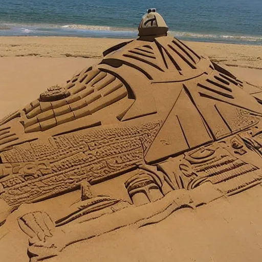 Image similar to a huge sand sculpture of starwars star destroyer