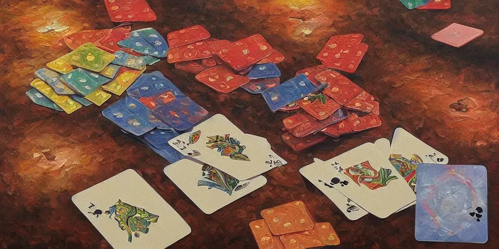 Image similar to impressive card shuffling, oil painting