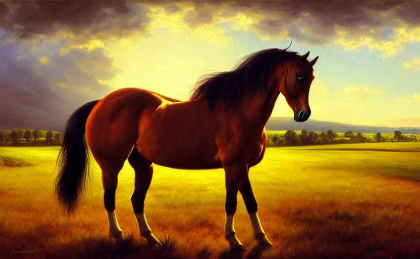 Image similar to a masterpiece oil painting of a horse backlit in a pasture. ultra wide angle, fantasy art, alex ross, heroic lighting, very very very beautiful raytraced rendering