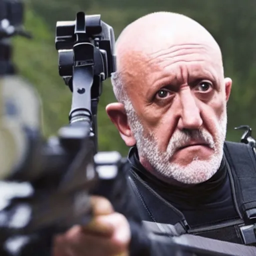 Image similar to Film Still of Mike Ehrmantraut carrying a sniper rifle and wearing a bulletproof vest, 4k, highly detailed