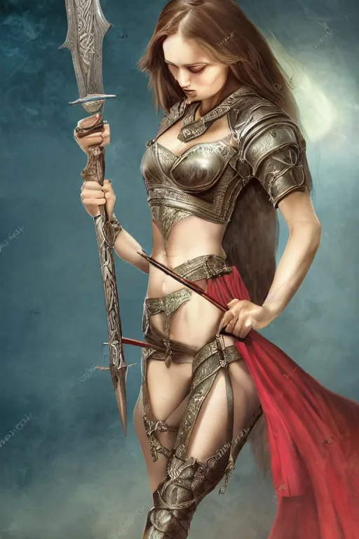 Image similar to digital art of a pretty girl with a long sword in her hands. detailed body, medieval theme, pretty lighting, detailed face, sharp focus, intricate details