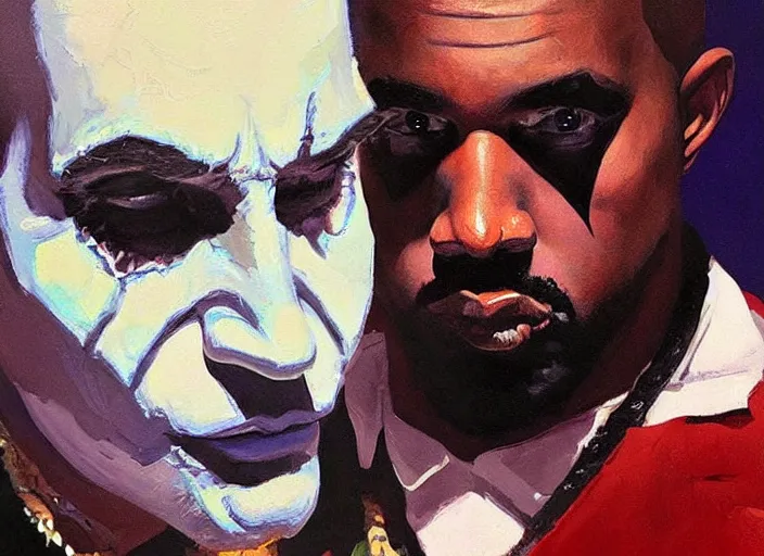Image similar to a highly detailed beautiful portrait of kanye west as the joker, by gregory manchess, james gurney, james jean