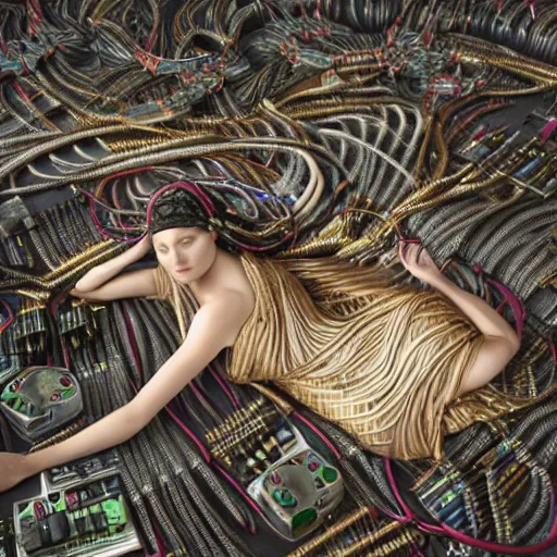 Image similar to tapping in to something greater, piles of modular synth cables, goddess laying down wearing a headpiece made of circuit boards, by cameron gray, wlop, stanley kubrick, masamune, hideki anno, unique perspective, trending on artstation, 3 d render, vivid