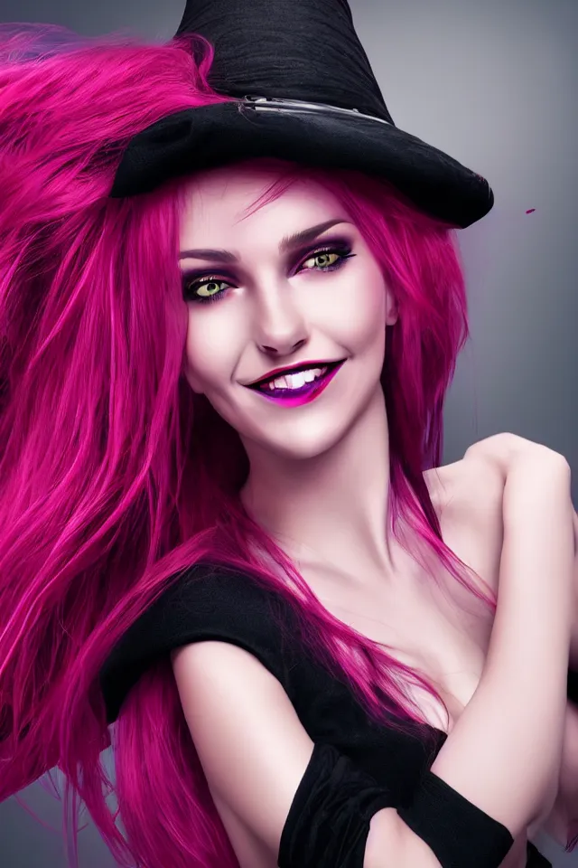 Image similar to ultra realistic portrait of a hot witch , colorful hair, pink lips, gorgeous smile, stunning, hottest, 8K resolution, deviantart,