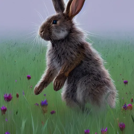 Image similar to A werebunny transforming in a field of flowers. Academic painting by Greg Rutkowski, Mobile still frame. 4K UHD