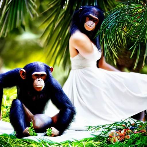 Image similar to A beautiful portrait of a chimpanzee in a white wedding dress in a tropical garden, photorealistic, soft focus