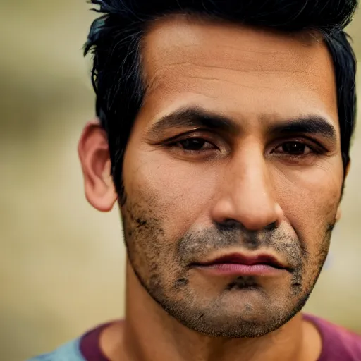 Image similar to close up of face of good looking 4 0 year old peruvian man with clean shaven face, no beard, very short straight black in a short pompadour style, color portrait, 4 k