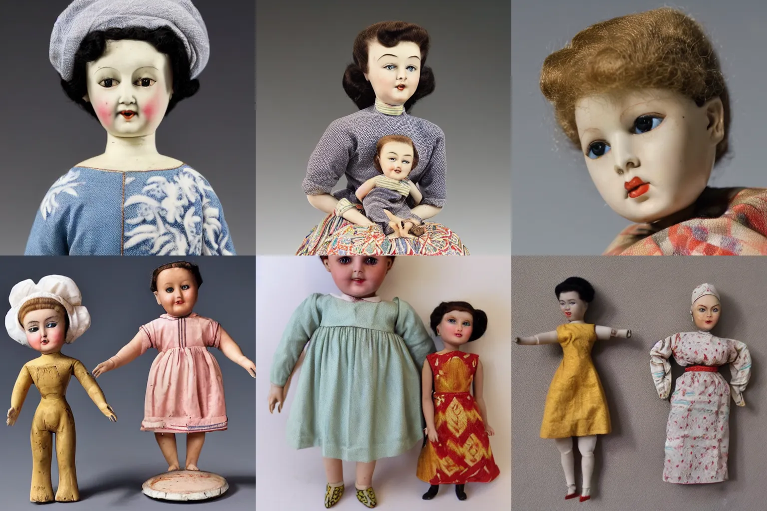 Prompt: 1950s porcelain doll, miniature world, art in the style of Mesopotamia 3000 to 4000 BCE and Protoliterate and Yahya ibn Mahmud al-Wasiti and Firyal Al-Adhamy