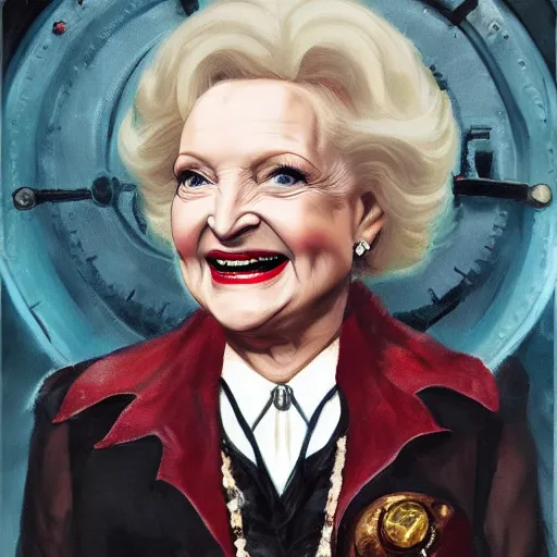 Prompt: betty white in a steampunk cosplay uniform, oil painting, dark imagery