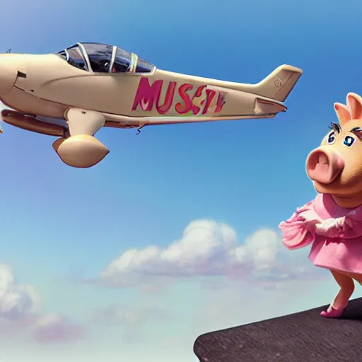 Prompt: cute miss piggy mupett pilot piloting plane, action shot, highly detailed, photorealistic, octane render, 8 k, unreal engine. art by artgerm and greg rutkowski and alphonse mucha