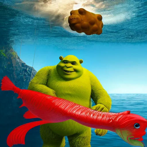 Prompt: life - sized gummi bear and shrek go deep sea fishing in a sportfisherman boat. the bear is fishing for swedish fish candy by using gummi worm candy as bait. photorealistic digital art, epic fantasy, dramatic lighting, cinematic, extremely high detail, cinematic lighting, trending, artstation, cgsociety, 3 d ue 5, 4 k, hq