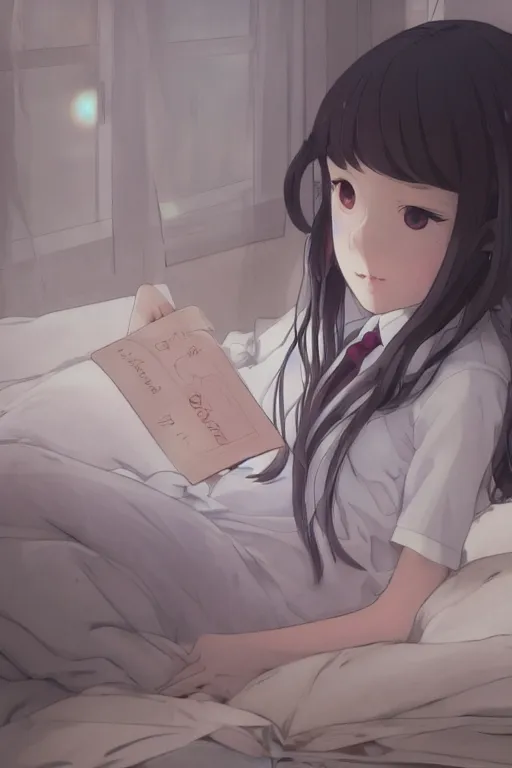 Image similar to a loli in a jk uniform outfit in the bedroom reading a book in a night, raining outside the window, dark and grey theme ， wavy white long hair, by krenz cushart and mucha and akihito yoshida and greg rutkowski and makoto shinkai, detailed eyes, 4 k resolution