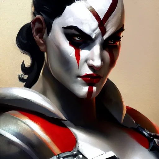 Image similar to greg manchess portrait painting of a female punisher kratos as overwatch character, medium shot, asymmetrical, profile picture, organic painting, sunny day, matte painting, bold shapes, hard edges, street art, trending on artstation, by huang guangjian and gil elvgren and sachin teng