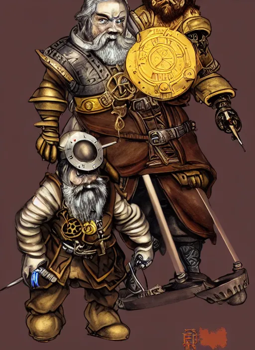 Prompt: an old dwarf musketeer and his large clockwork robot companion, golem, steampunk, ming dynasty, chinese fantasy, realistic, detailed, dungeons and dragons, tabletop rpg, ghostblade, wlop.