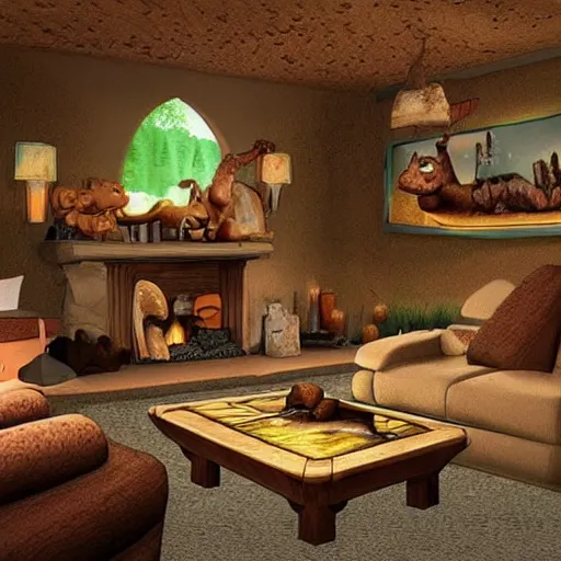 Prompt: the flintstone's living room, photorealistic