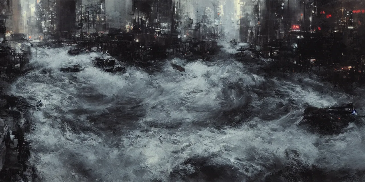 Image similar to street level view of turbulent river rapids rushing through a city at night , by Jeremy Mann