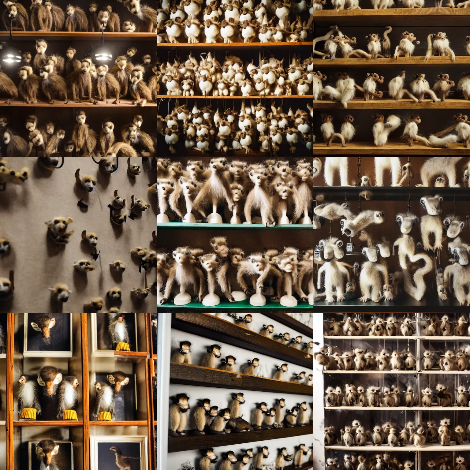 Prompt: close up of a shelf of taxidermy monkeys, dramatic lighting, polaroid