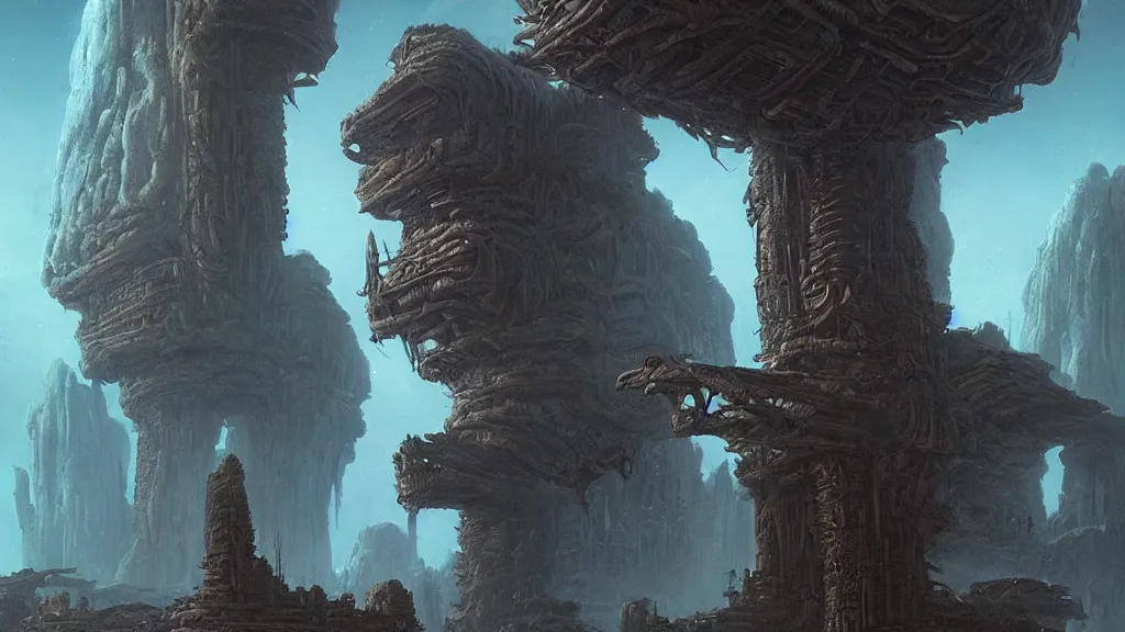 Image similar to eerie atmospheric alien planet with biomechanical plants and the ruins of civilization by les edwards and vincent di fate and anato finnstark, epic cinematic matte painting