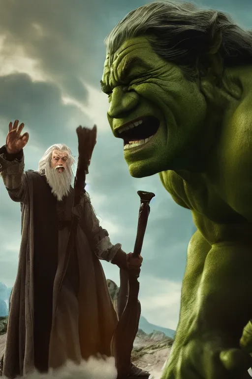 Image similar to film still of gandalf starring as the hulk, cybertronian, long shot, cinematography by wes anderson, 4 k octane render, intricate detail, photorealistic, cinematic lighting, artstation