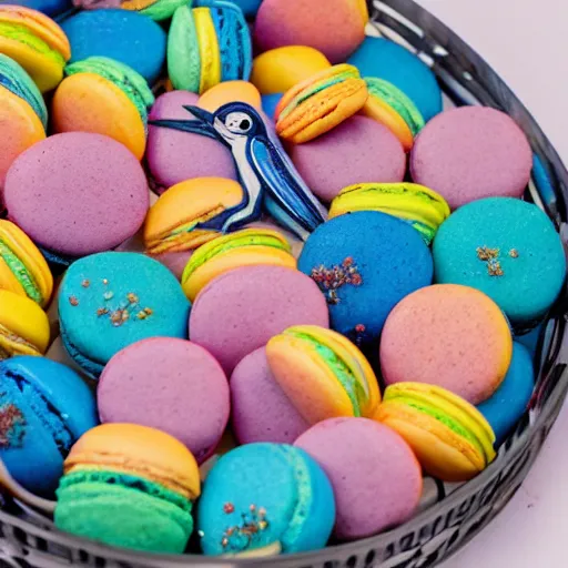 Image similar to A blue jay standing on a large basket of rainbow macarons.