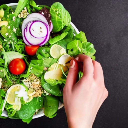 Image similar to first person point of view from my eyes, cutting a salad