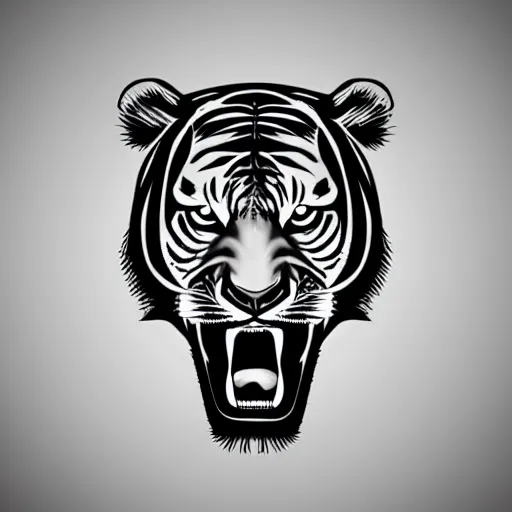 Prompt: black logotype, fearless african tiger head with angry ears, very aggressive mouth, lethal eyes, as a very simple sketch in thin black ink