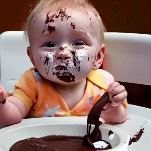 Image similar to a baby with donald trump's head sits in a highchair with chocolate pudding all over his face, gettyimages,