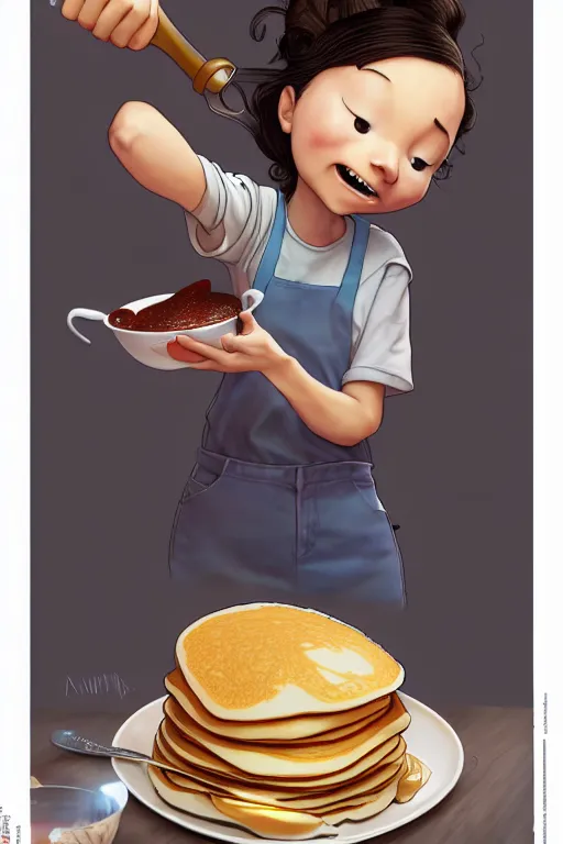 Image similar to millie brown making pancakes, animation pixar style, by pendleton ward, magali villeneuve, artgerm, rob rey and kentaro miura style, golden ratio, trending on art station