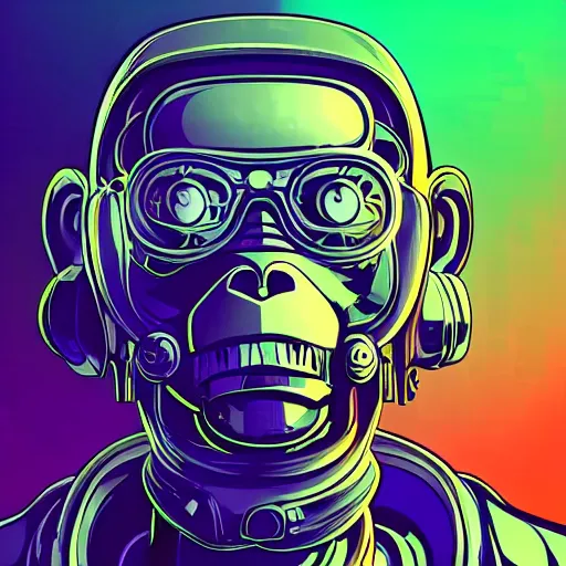 Prompt: a cyberpunk monkey, clear vector, vectorial curves, sci-fi, close-up, cybernetic implant, neon, cyberpunk, center frame portrait, 2D, matte-painting