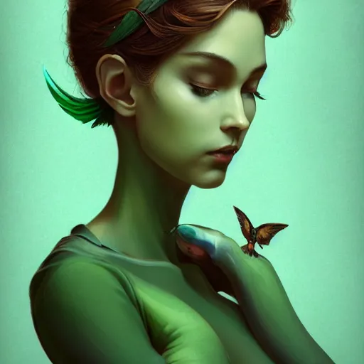 Image similar to 3 / 4 view of a portrait of pixie woman with wings, earthy green, forest background confident pose, pixie, genshin impact,, intricate, elegant, sharp focus, illustration, highly detailed, concept art, matte, trending on artstation, anime, strong brush stroke, sharp focus, illustration, art station, by ilya kuvshinov h 6 4 0