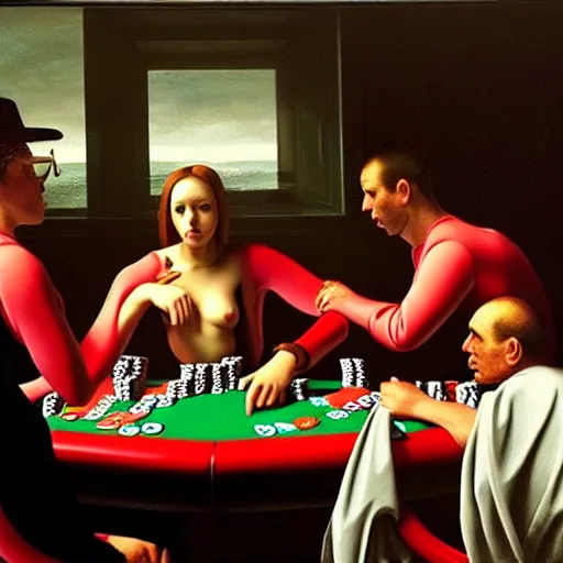 Prompt: hyperrealism simulation highly detailed human octopuses'wearing transparent jackets, playing poker in surreal scene from art house movie from future by caravaggio