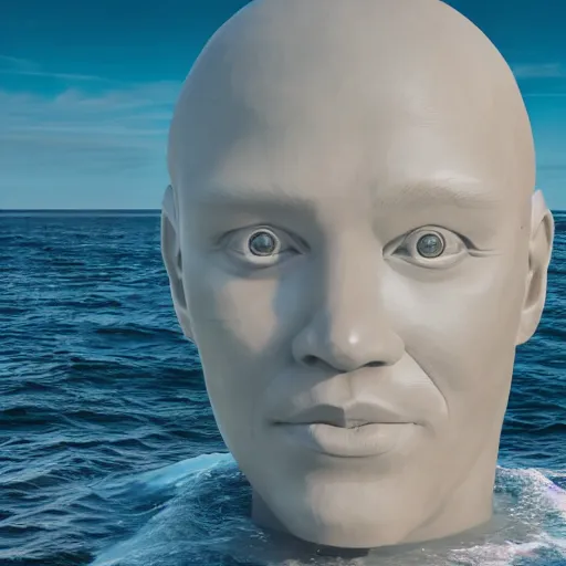 Image similar to a giant sculpture of a human head on the ocean, made purely out of water, cinematic, in the style of chad knight, long shot, hyper detailed, hyper realistic, ray tracing, 8 k resolution, sharp focus, realistic water, award winning